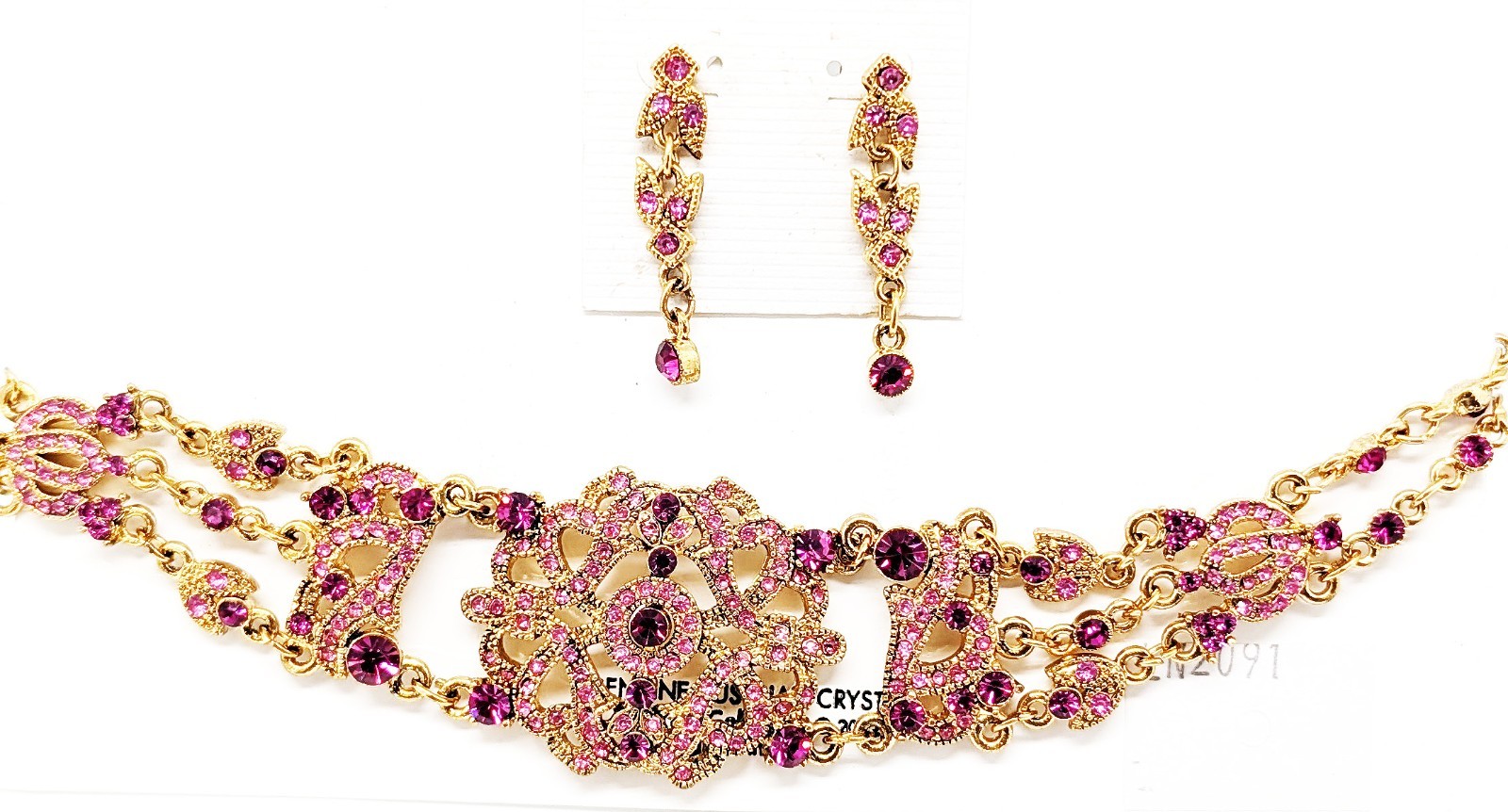 DESIGNER INSPIRED VICTORIAN PINK MULTI CRYSTAL GOLD CHOKER NECKLACE JEWELRY SET