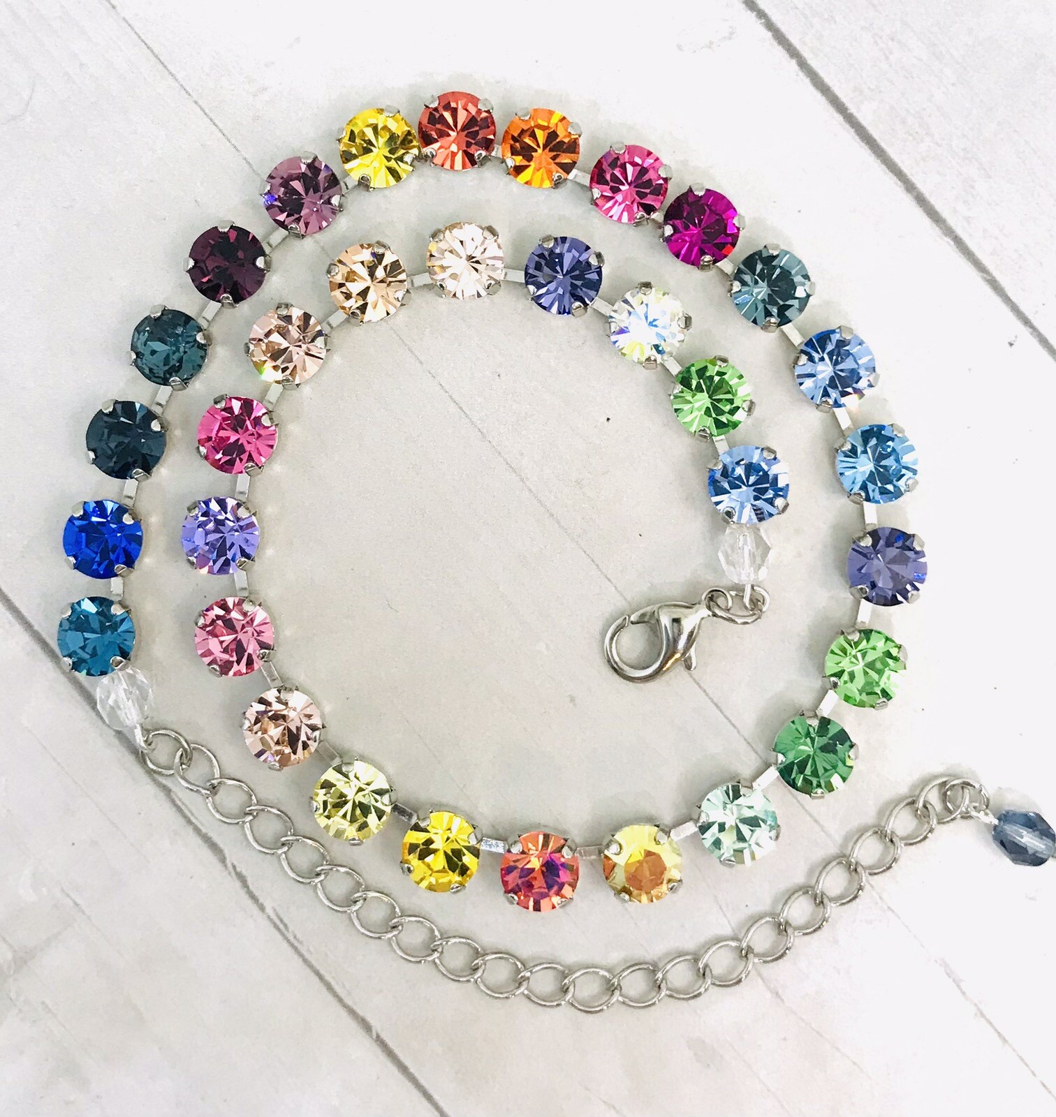 Silver Plated 33 Stone Colorful Rainbow Cup Chain Crystal Necklace