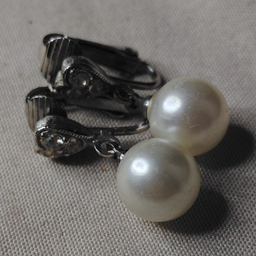 Silver Tone Simulated Pearl & Crystal Dangle/Drop Clip-On Earrings