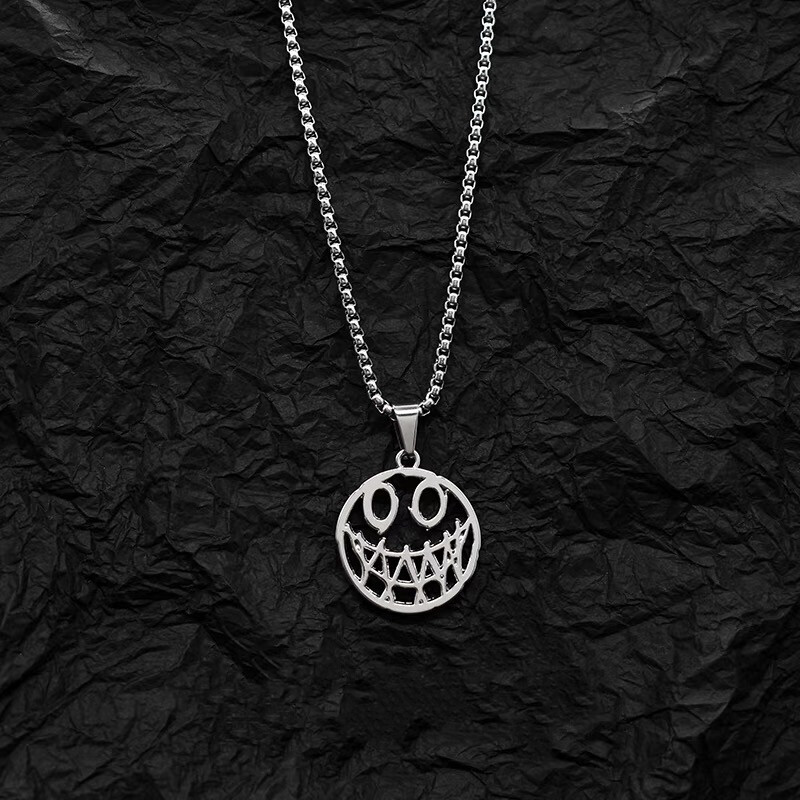 Mens Womens Silver Evil Smile Face Pendant Necklace Punk Gothic Jewelry 24″
