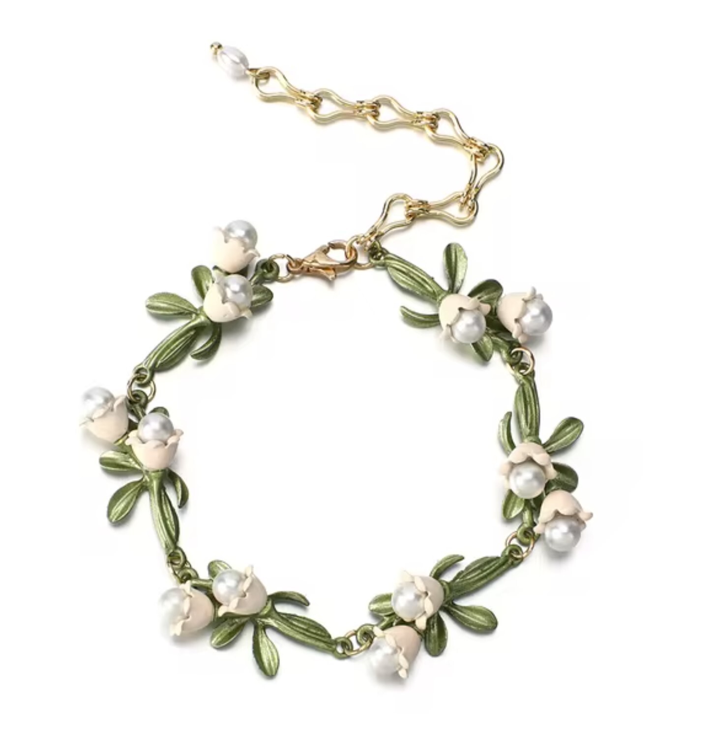 Enamel Lily of the Valley Pearl Drop Bracelet approx 9 in including extender