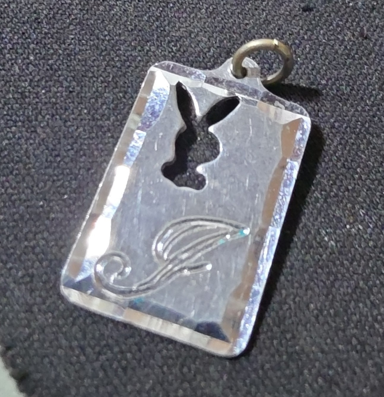 Silver Tone Rectangular Engraved Bunny Cutout Charm Pendant Metal