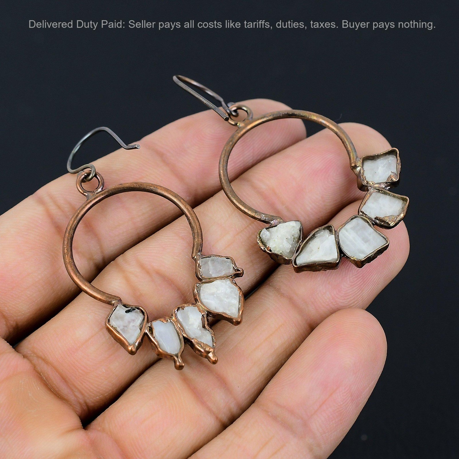 Copper Pentagon Natural Rainbow Moonstone Rough Drop Electroformed Wife Earrings