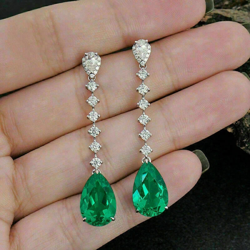1.79 Ct Pear Cut Emerald Earrings Wedding Earrings 14k Solid White Gold