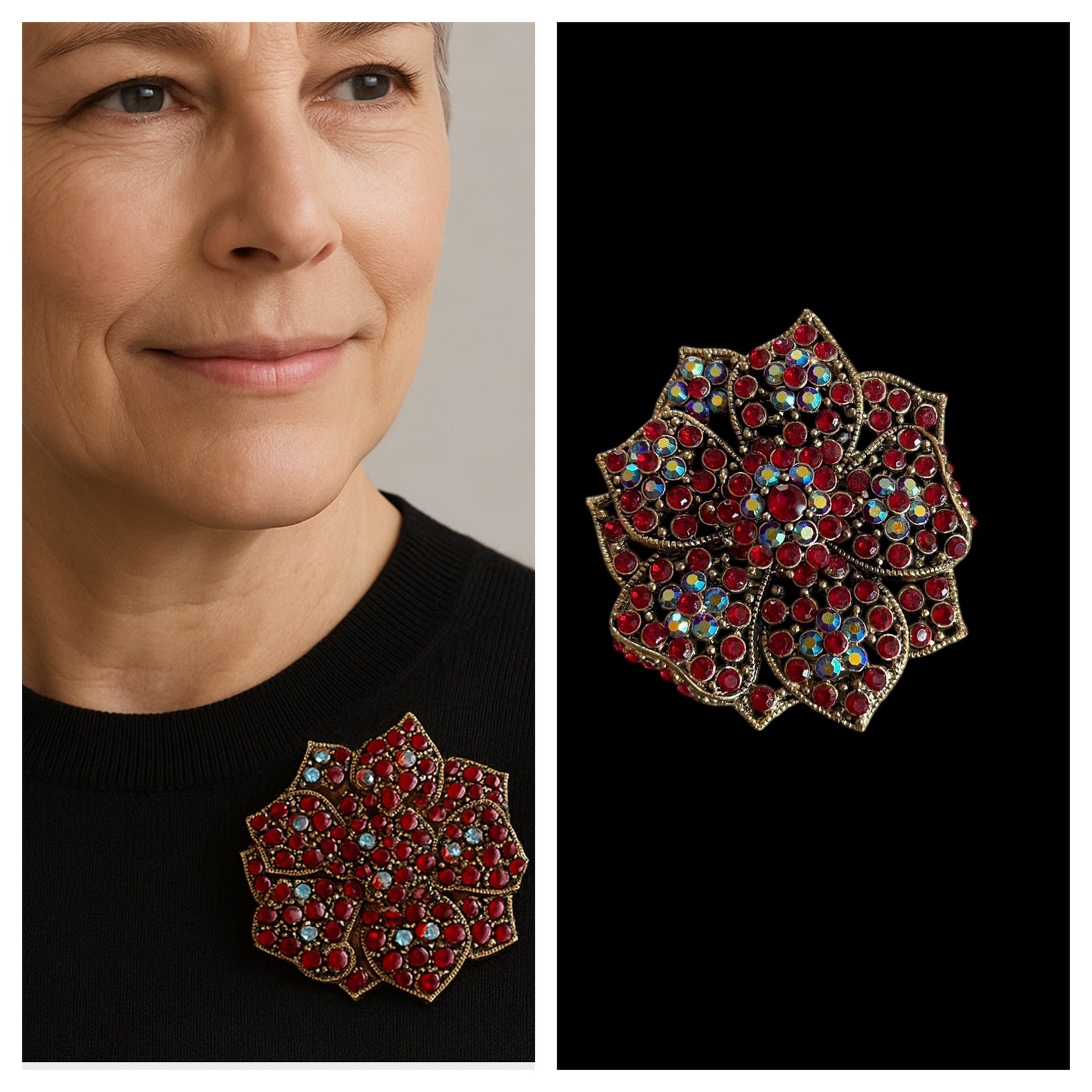 Vintage Elegant Red & Aurora Borealis Rhinestone Floral Pin Sparkling Brooch