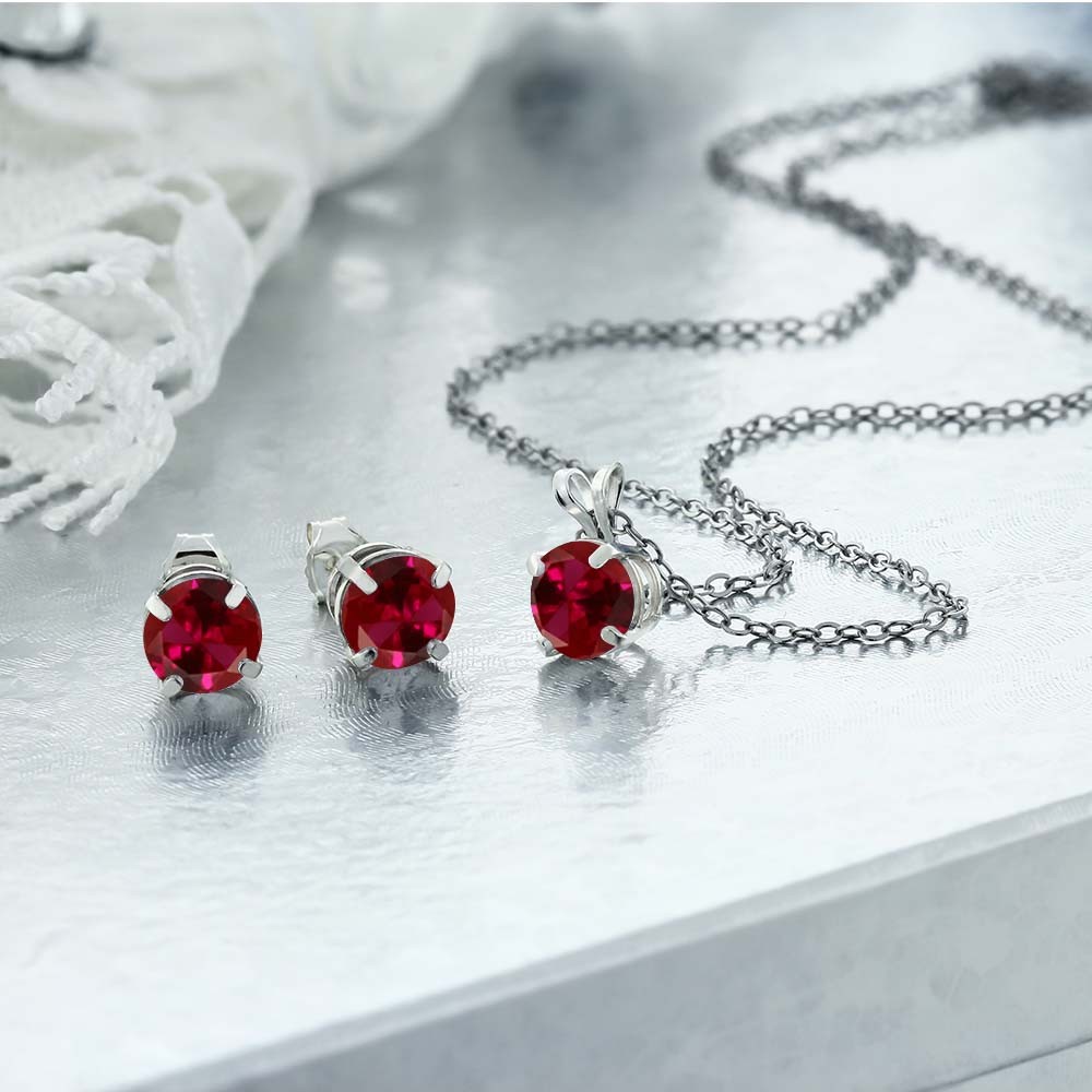 3.00 Ct Round 6mm Red Created Ruby 925 Sterling Silver Stud Pendant Earrings Set