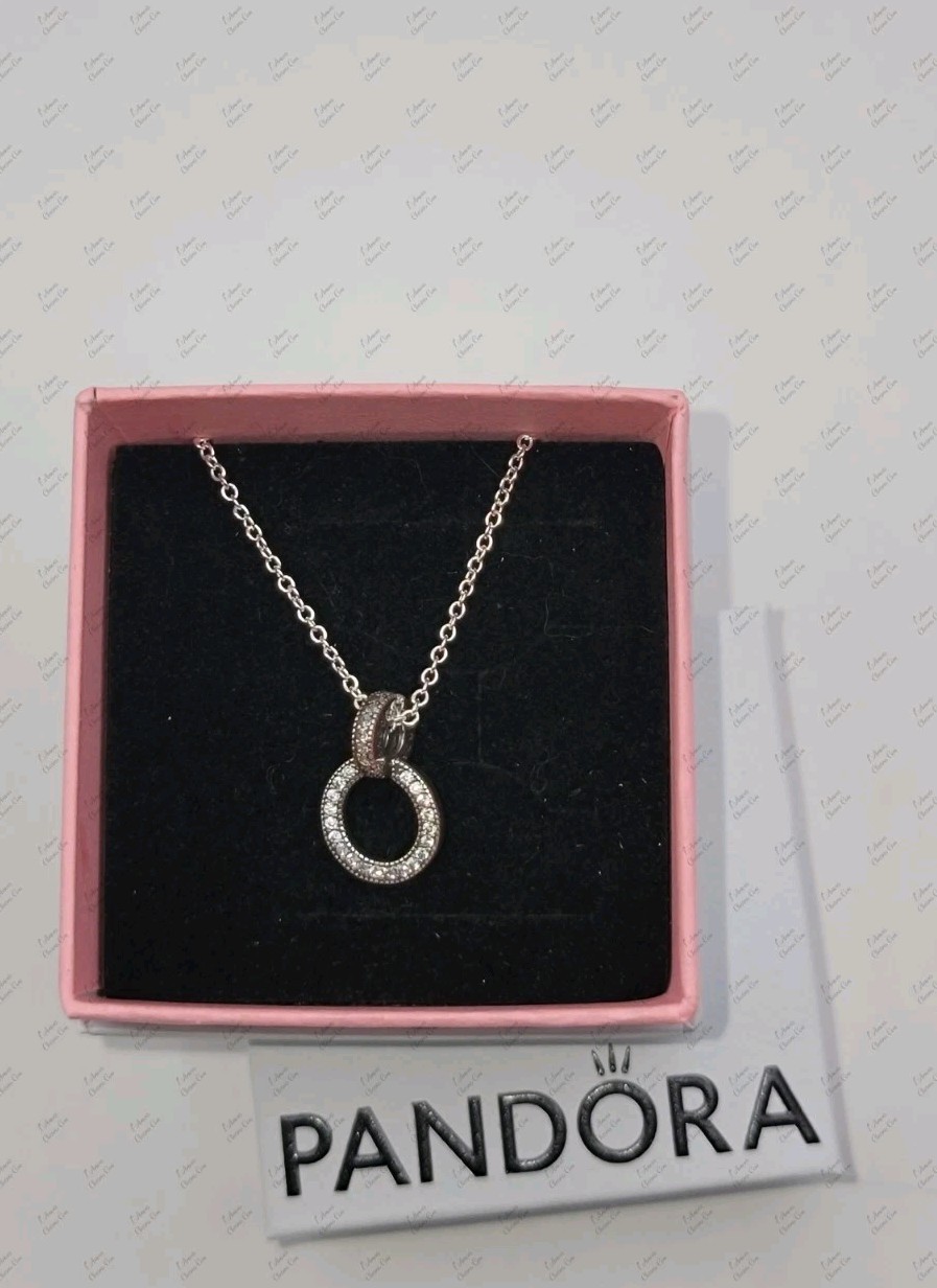 Authentic Pandora Double Circle Pendant & Necklace Sterling Silver w/ Box Z12