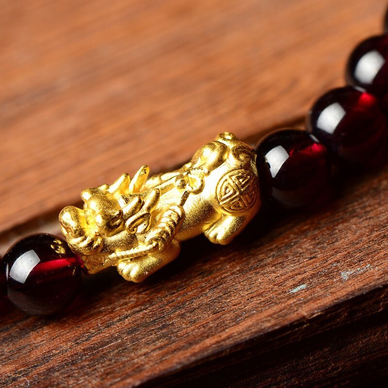 Genuine Garnet 6mm Bead 14K Gold Pixiu Fengshui Wealth and Luck Healing Bracelet