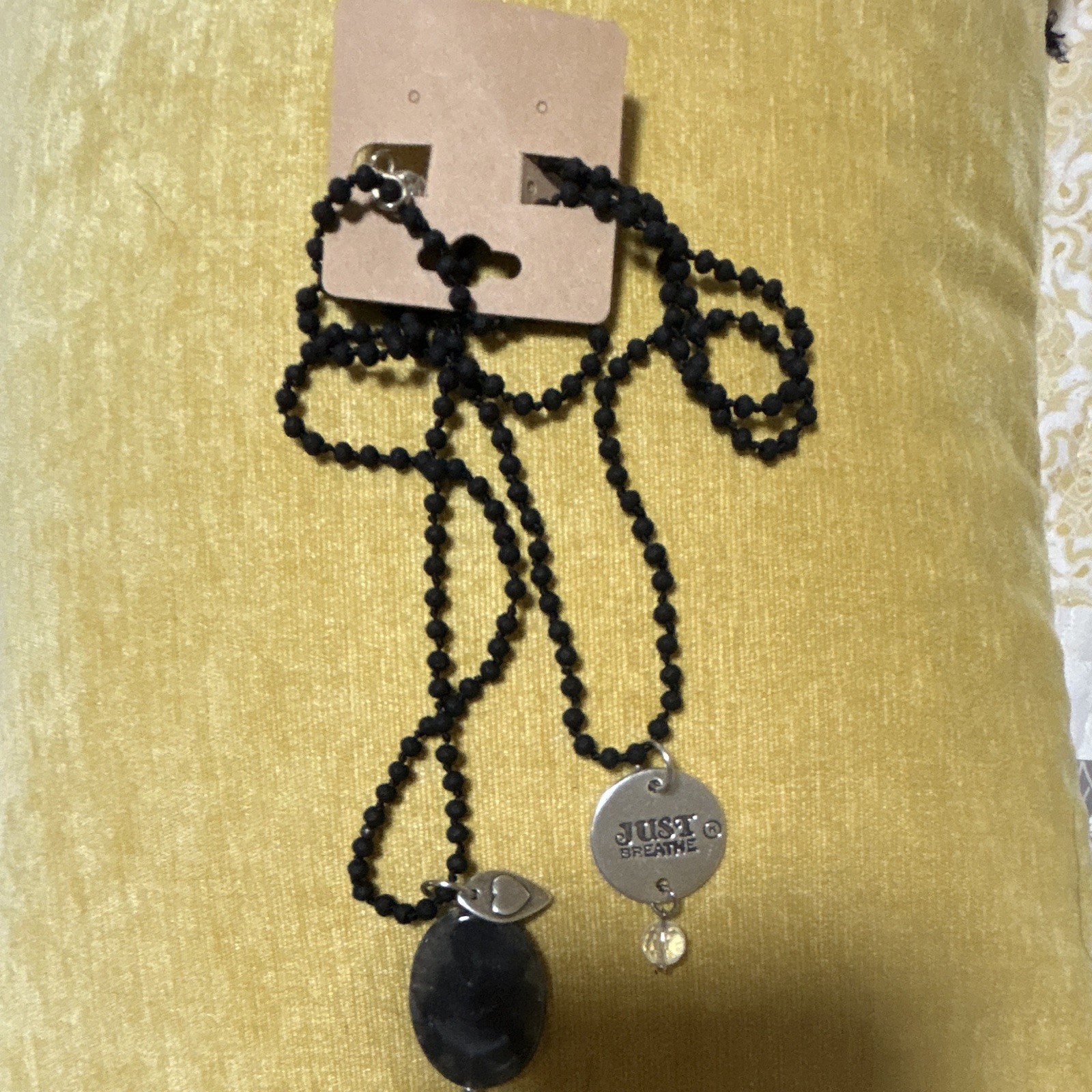 Black Beaded Ball Chain Necklace Inspirational Round Charm Oval Pendant Signed
