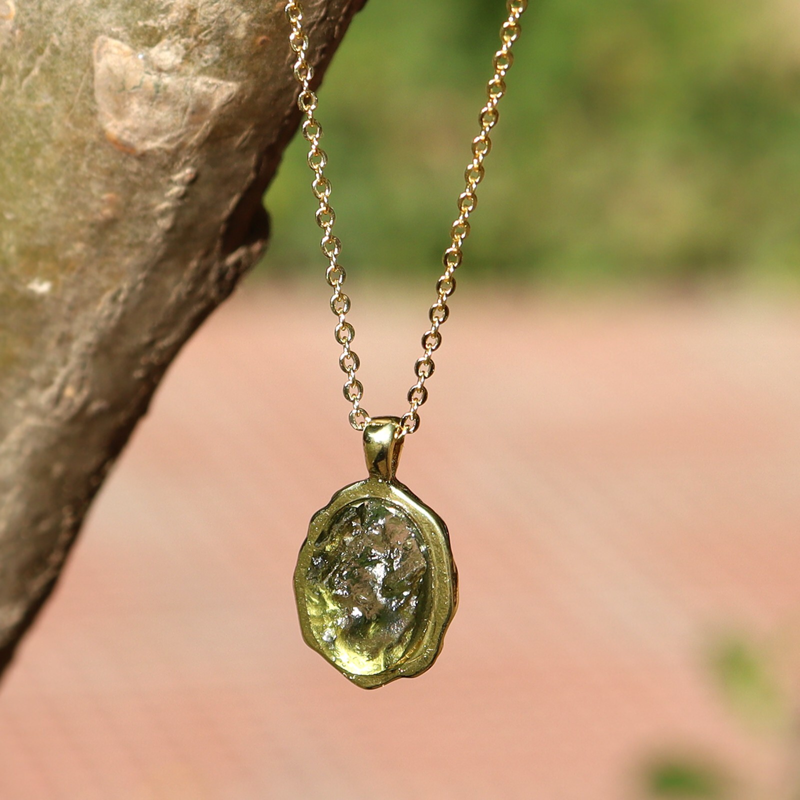 Authentic Raw Uncut Moldavite Pendant Gold Plated Oval Shape Moldavite Necklace