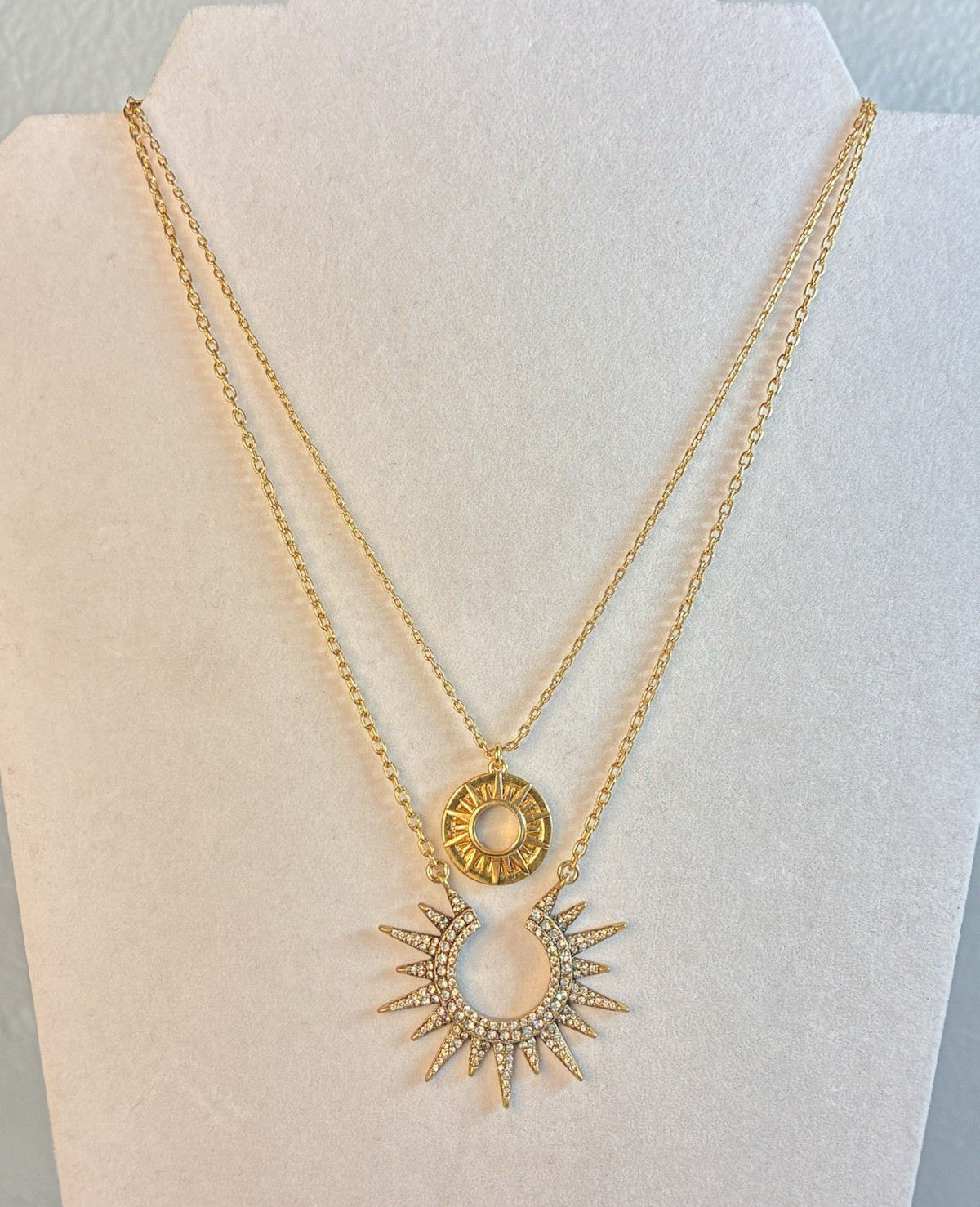 J.Crew Gold Tone Layered Cable Chain Sunburst Charm, Clear Pavé Rhinestone