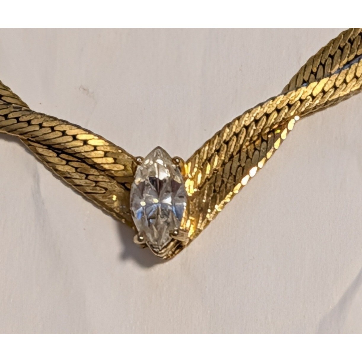 Vintage Gold Plated Herringbone Twisted V Necklace Marquise Crystal SP Signed