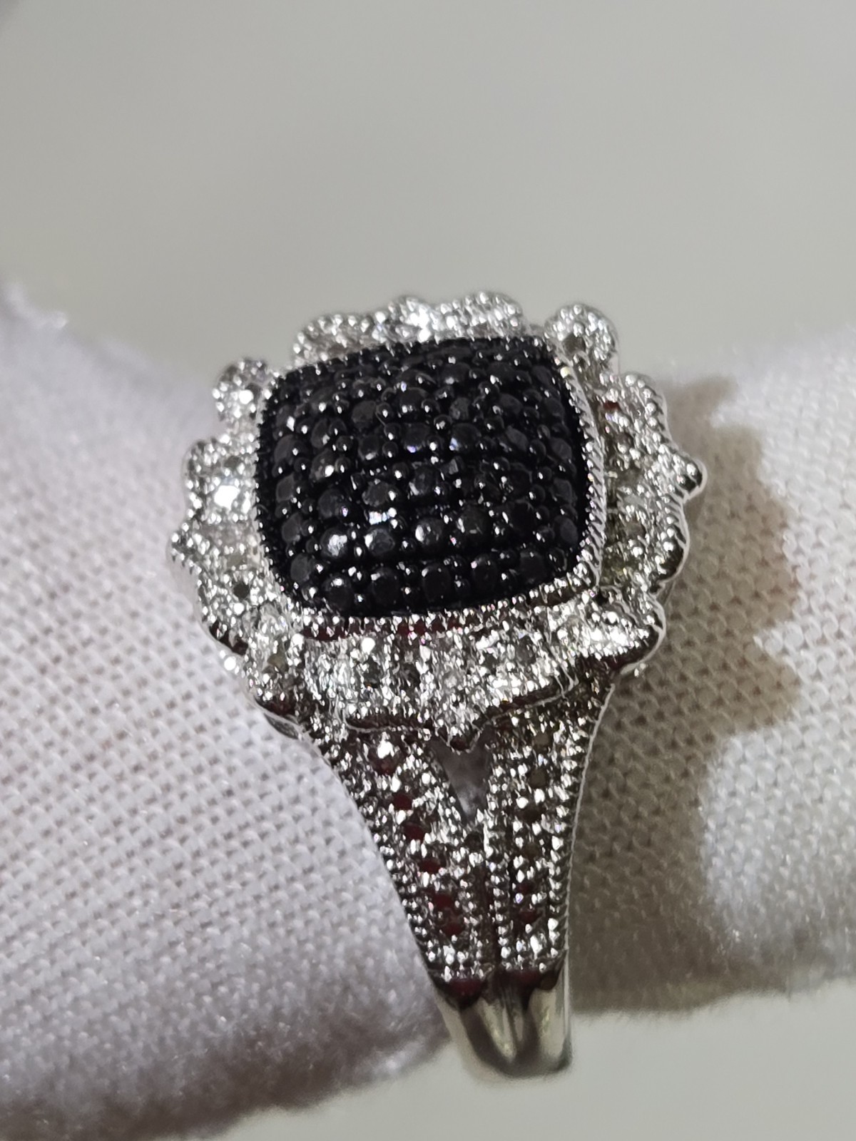 New Lab Grown Black Diamond Cushion Halo Cocktail Ring Split Shank Band Size 7.5