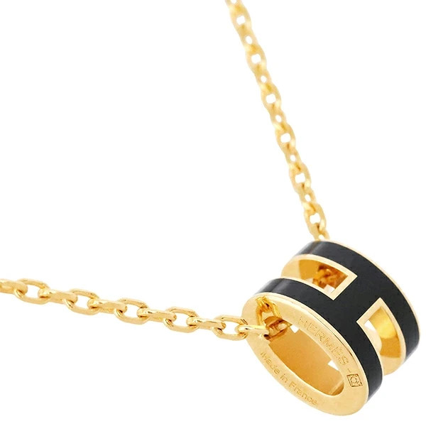 New Auth HERMES MINI POPH Necklace Palladium Lacquer H147992F Pendant Black Gold