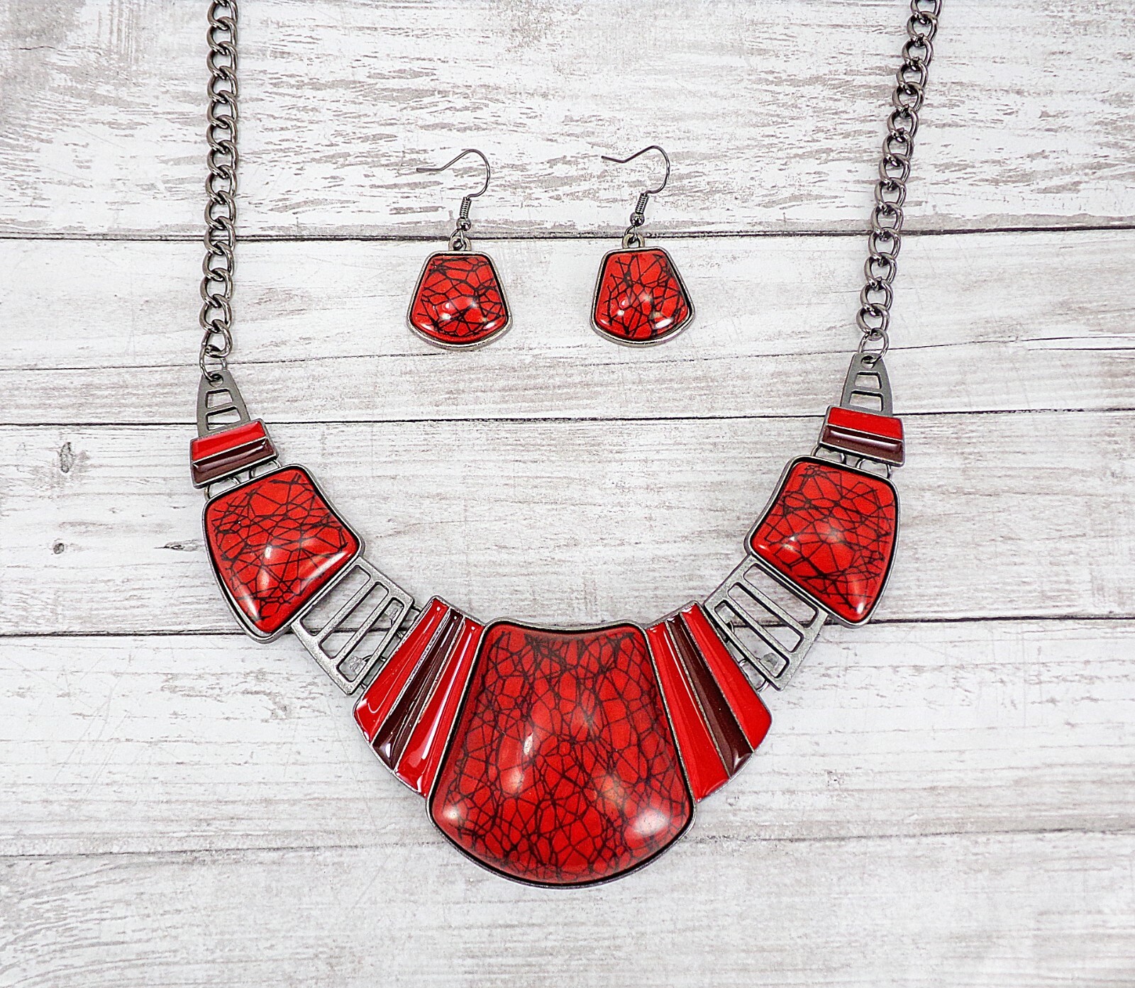 Red and black necklace and earring set, women’s large statement neck set New