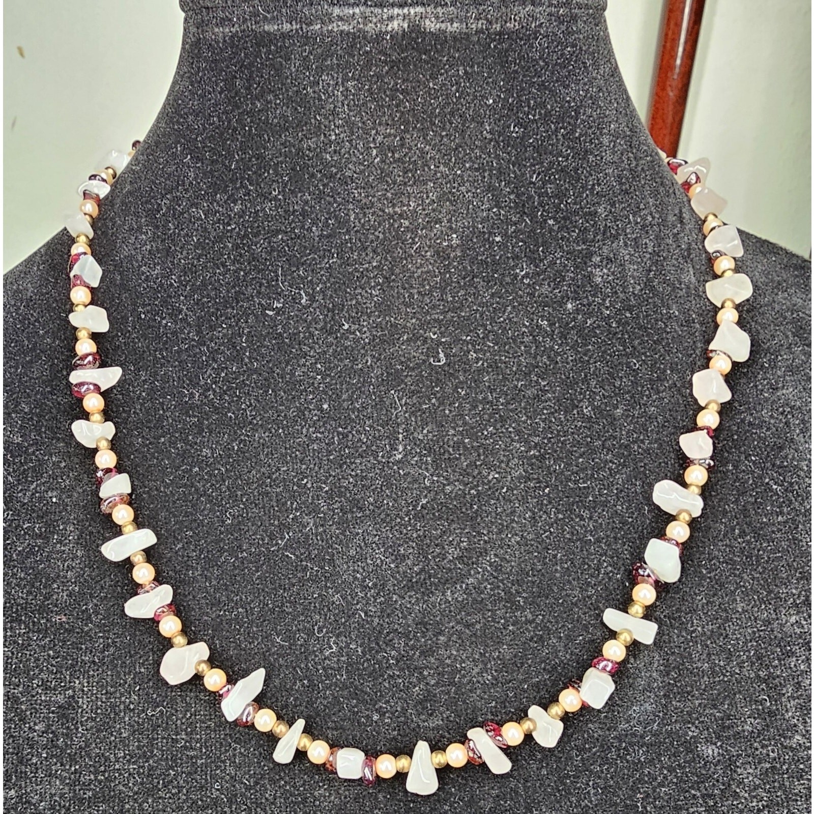 Multi-Gem Necklace [Bronze, Quartz, Garnet & Faux Pink Pearls] Size 20.5″