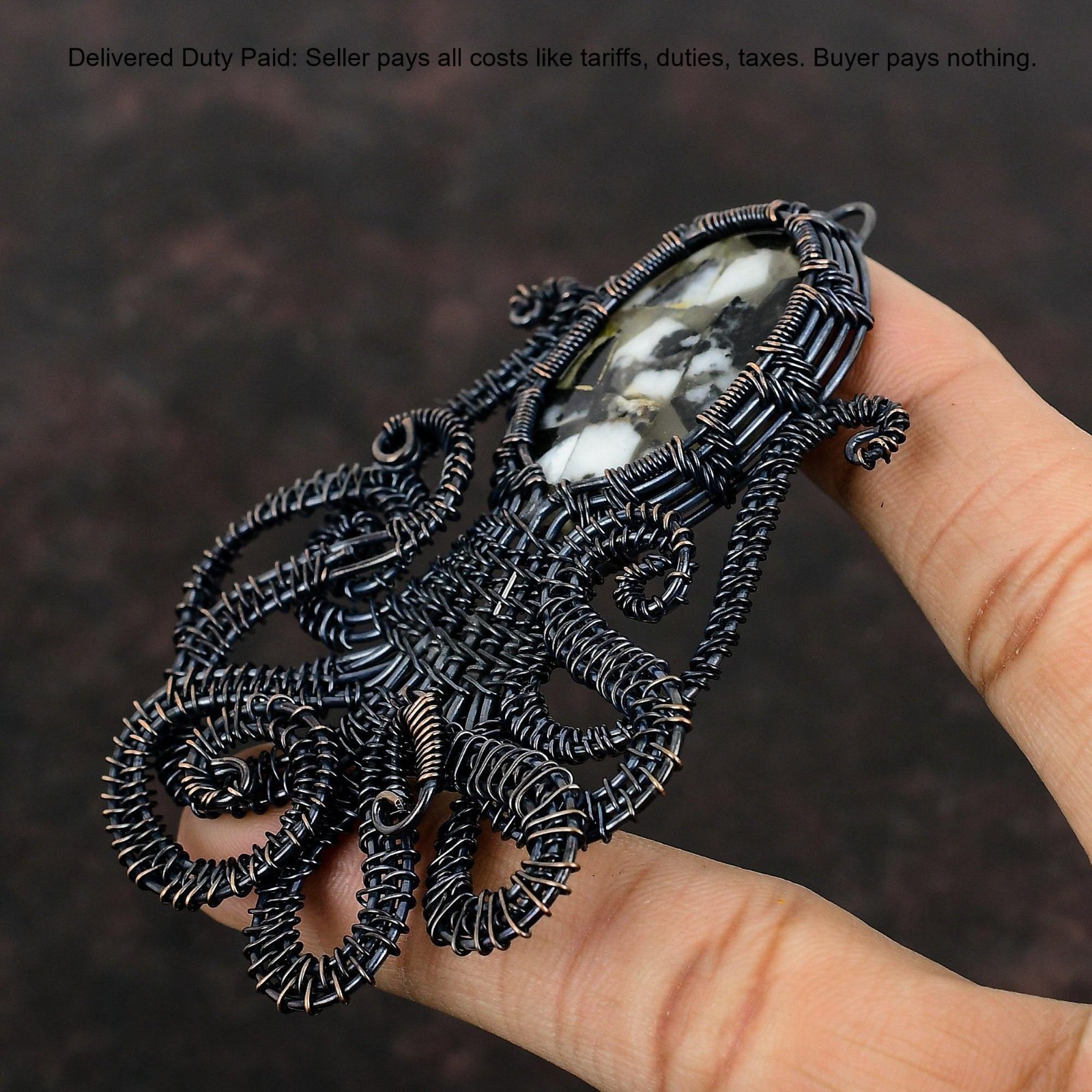 Copper Black And White Turquoise Gemstone Wire Wrap Wife Pendant Jewelry Copper
