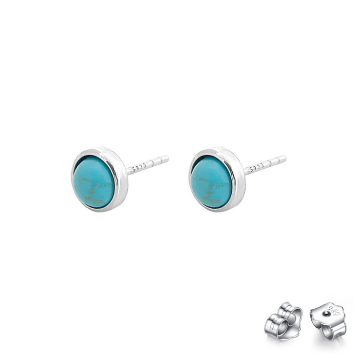 6mm S925 Sterling Silver Round Natural Turquoise Stud Earrings Gift Box PE60