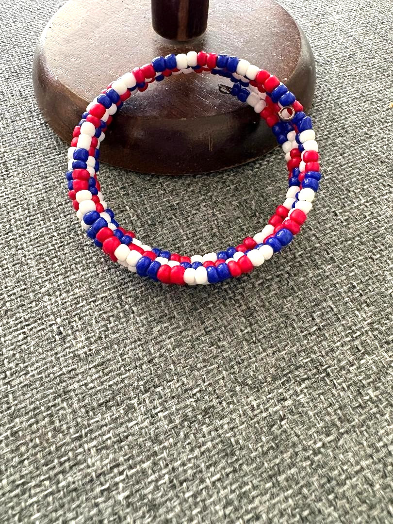 Patriotic Handcrafted Glass Beaded Wrap Bracelet – Red White & Blue