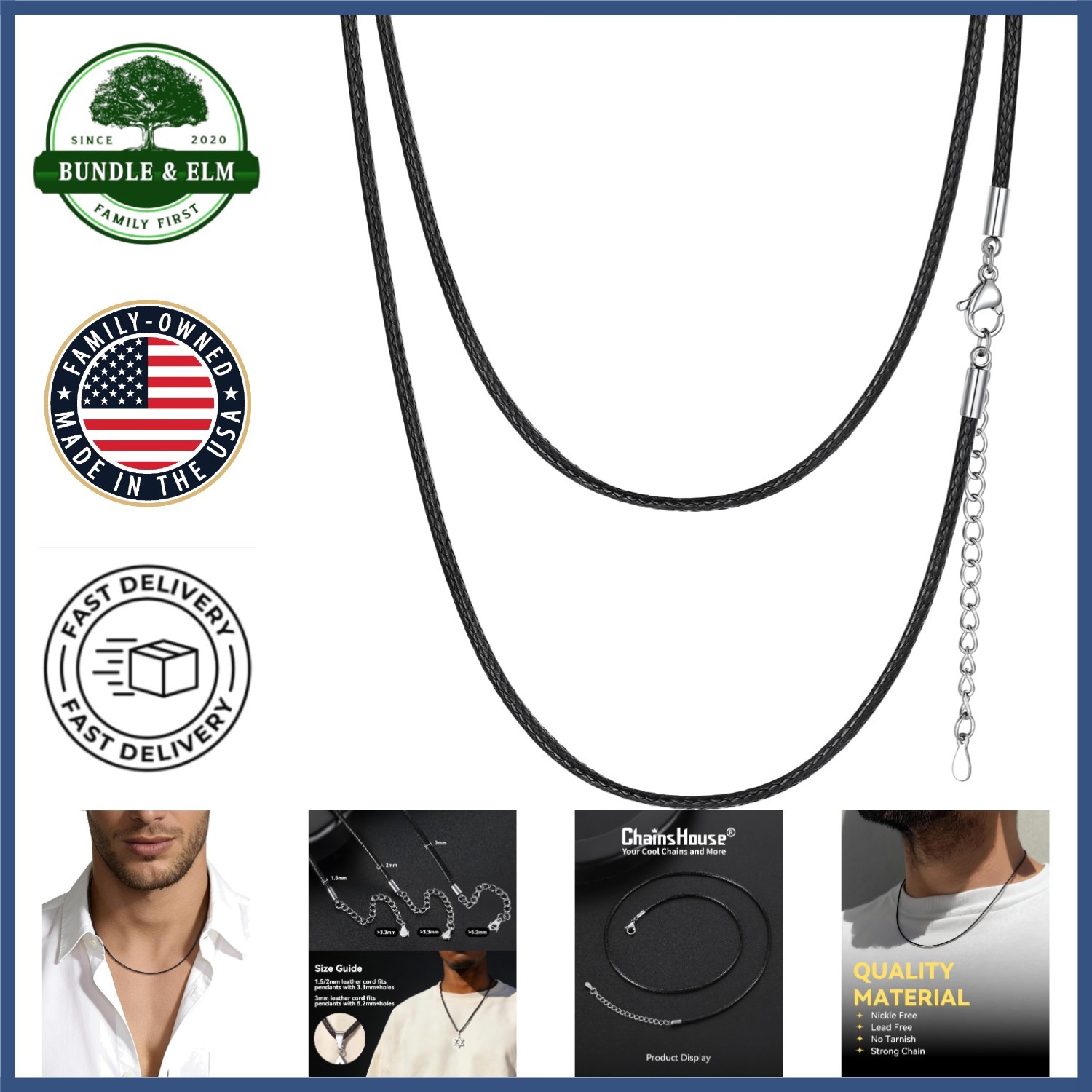 Waterproof Leather Cord Necklace for Men and Women with Custom Length Options