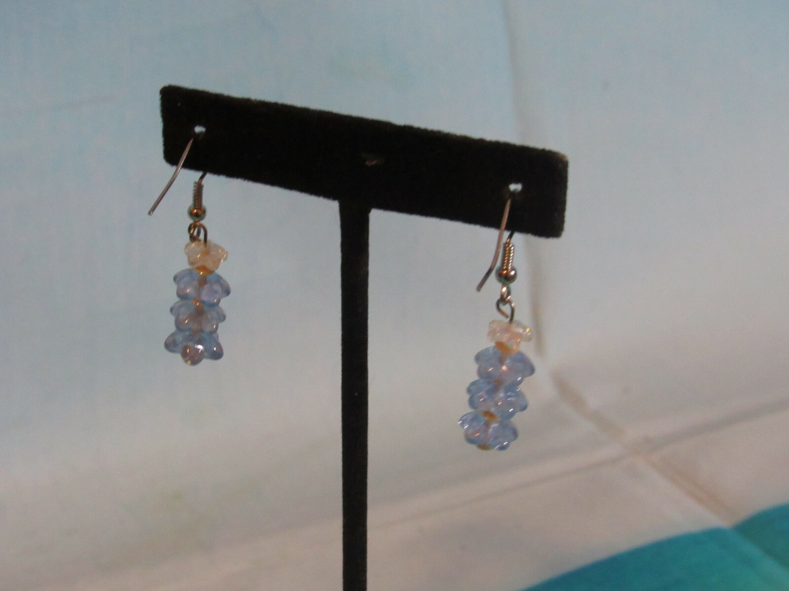 Silver Hook Earrings with Dangling Blue Beads and White Beads
