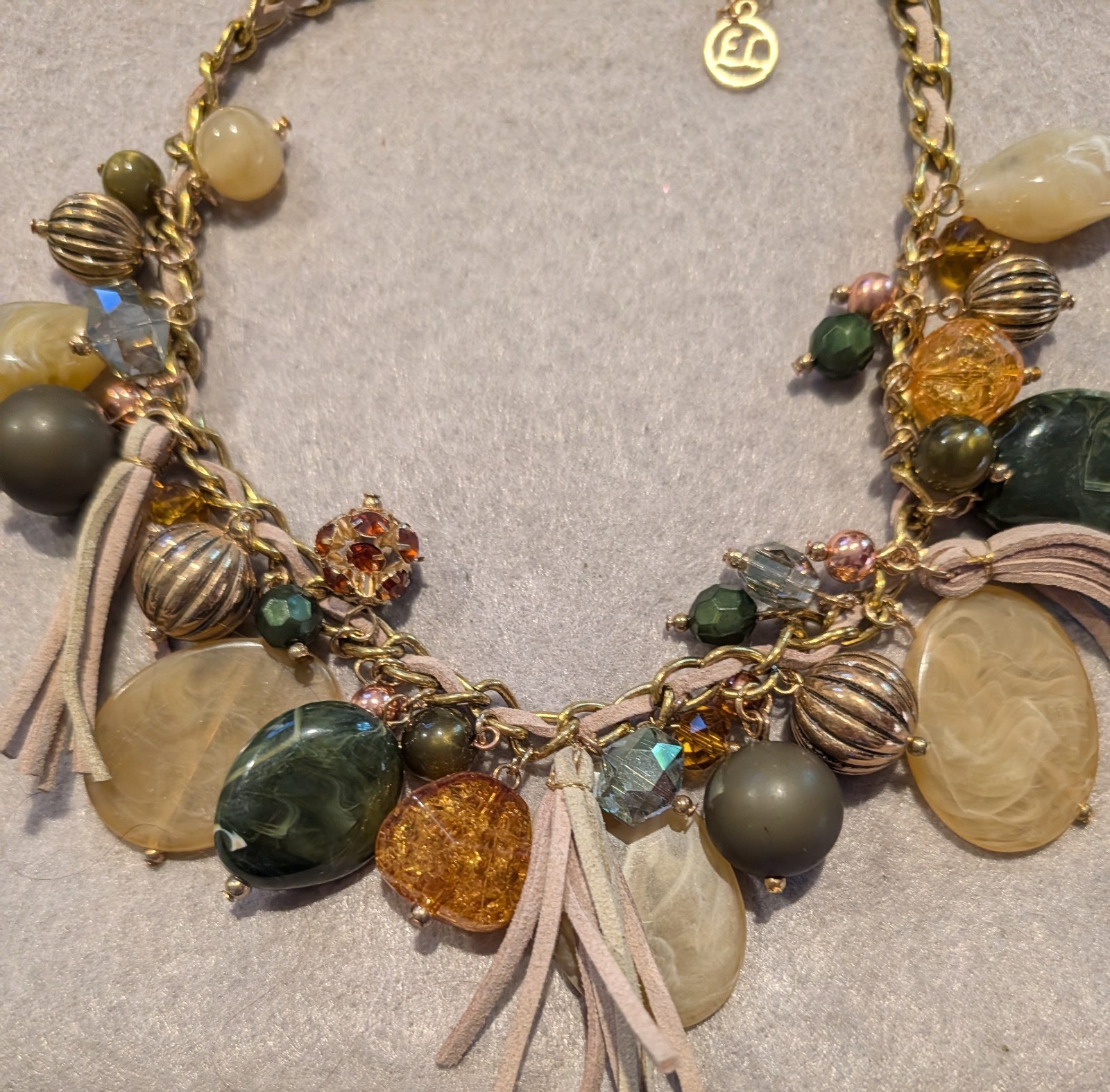 Gold Tone Charm Statement Necklace Green Beige Leather Tassels Curb Lobster