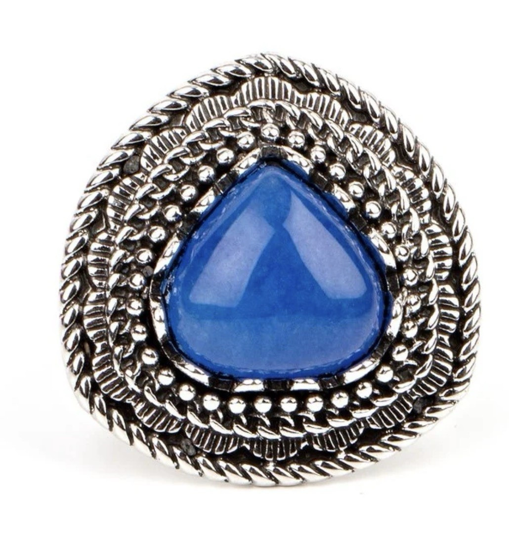 Paparazzi Silver Tone Blue Teardrop Cabochon Bezel Set Cocktail Ring Adj