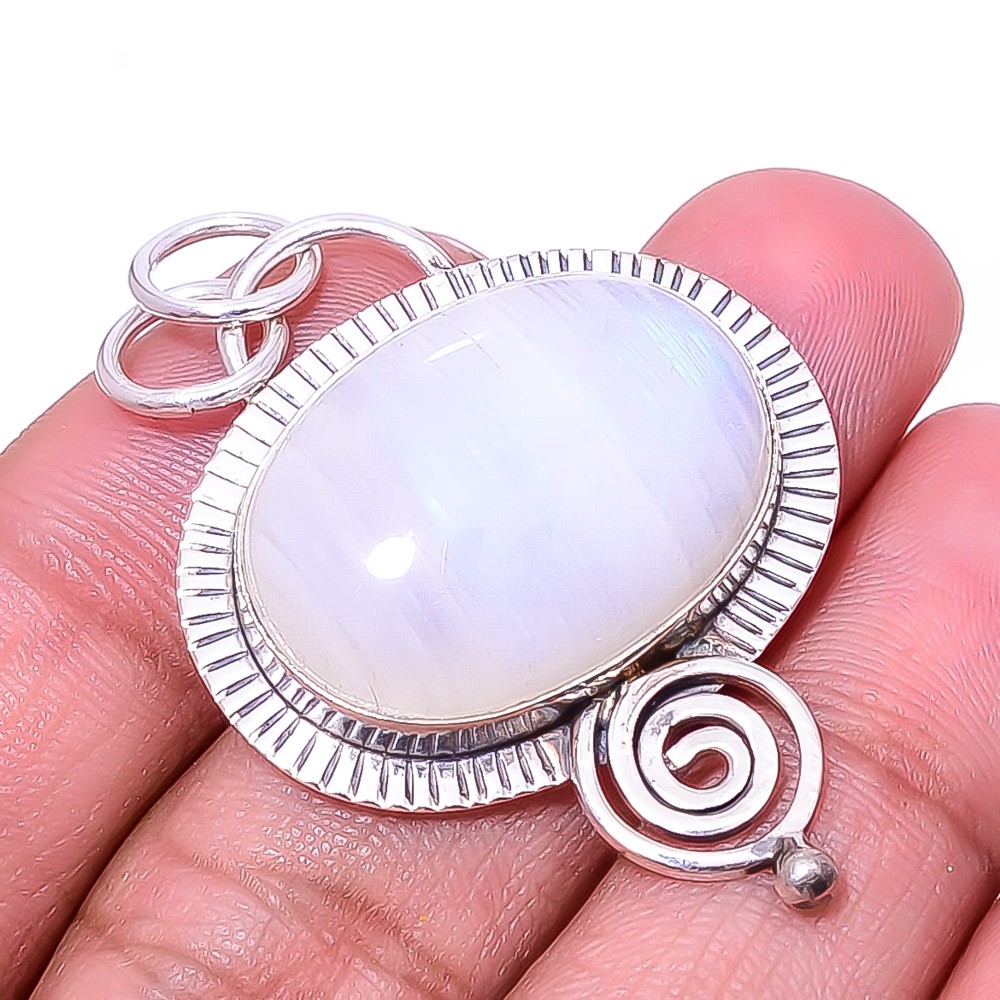 Natural Rainbow Moonstone – India Gemstone 925 Sterling Silver Pendant 1.76″P27