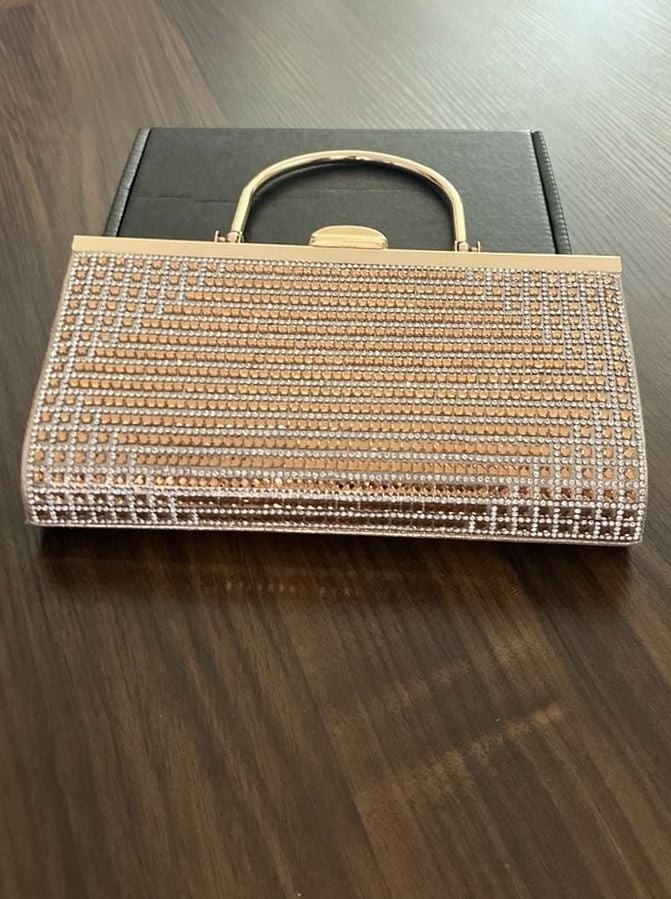 Gold Tone Rhinestone Encrusted Minaudière Clutch with Detachable Chain