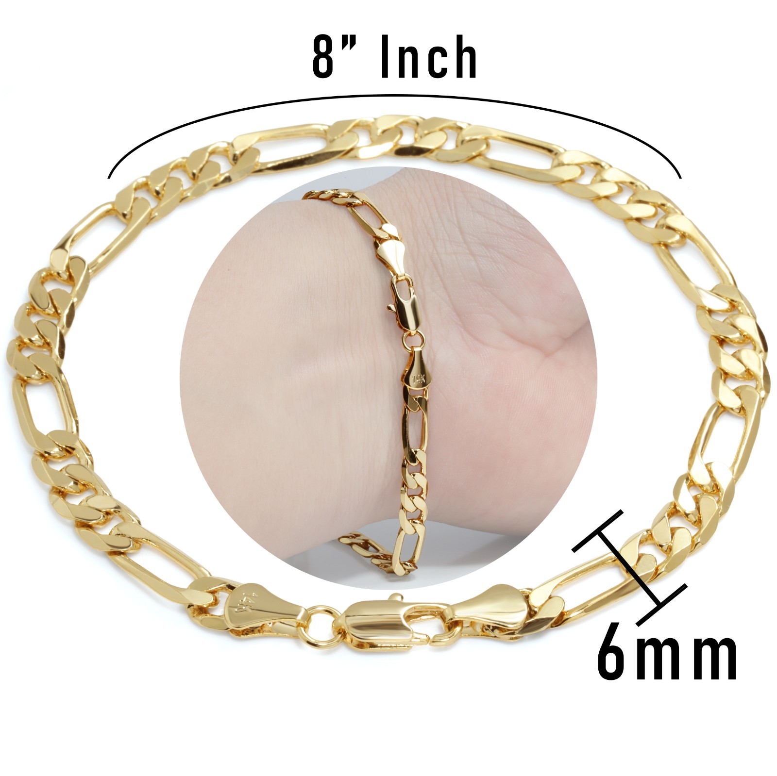 Figaro Link Chain Bracelet 6mm 8″ 14K Gold Plated Hip Hop Men’s Jewelry Fashion