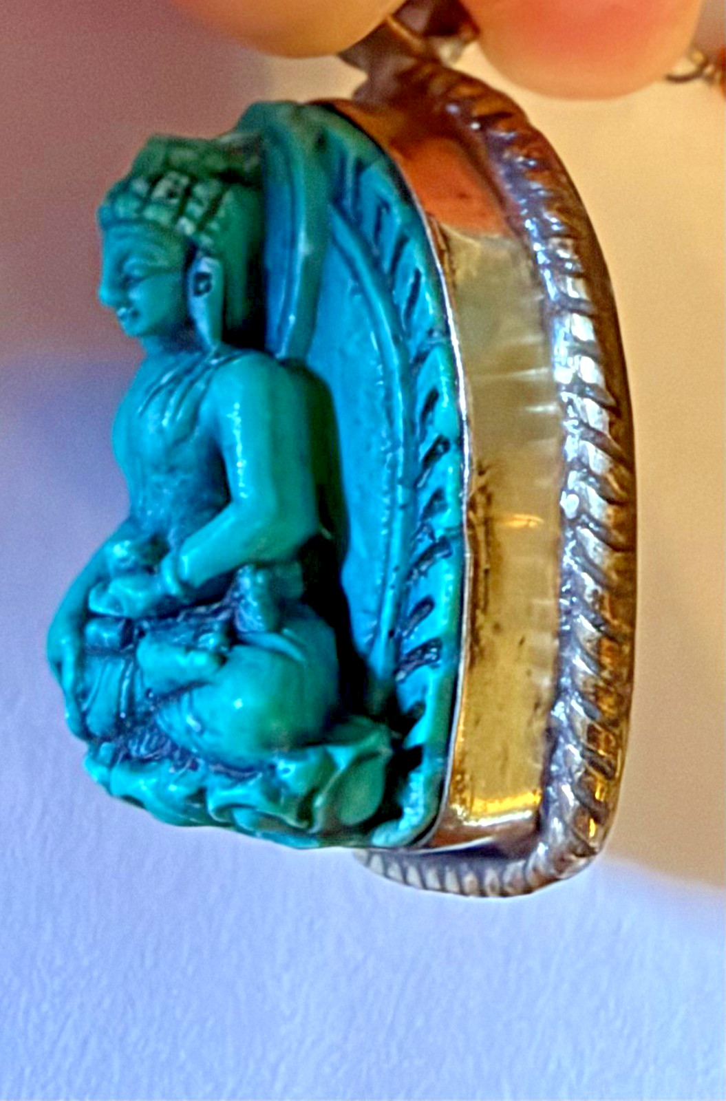 Silver Necklace Crystals on Chain Handcrafted Inlaid Turquoise Shakyamuni 3D
