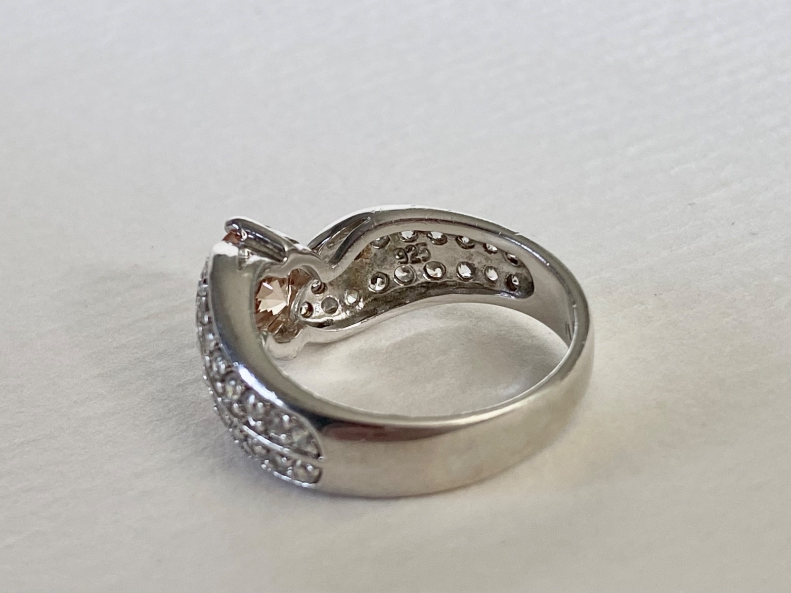Sterling Silver Ring | Champagne CZ Centre & Clear Accents | UK Size P / 7½ /56