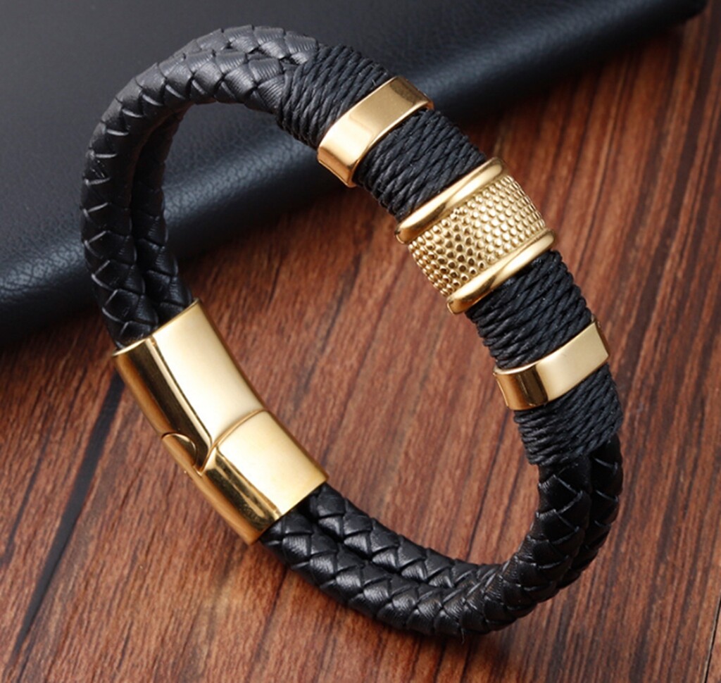 Hip Hop Men Boy Gold Bar Black Braided Genuine Leather Bracelet Wristband 7-8″