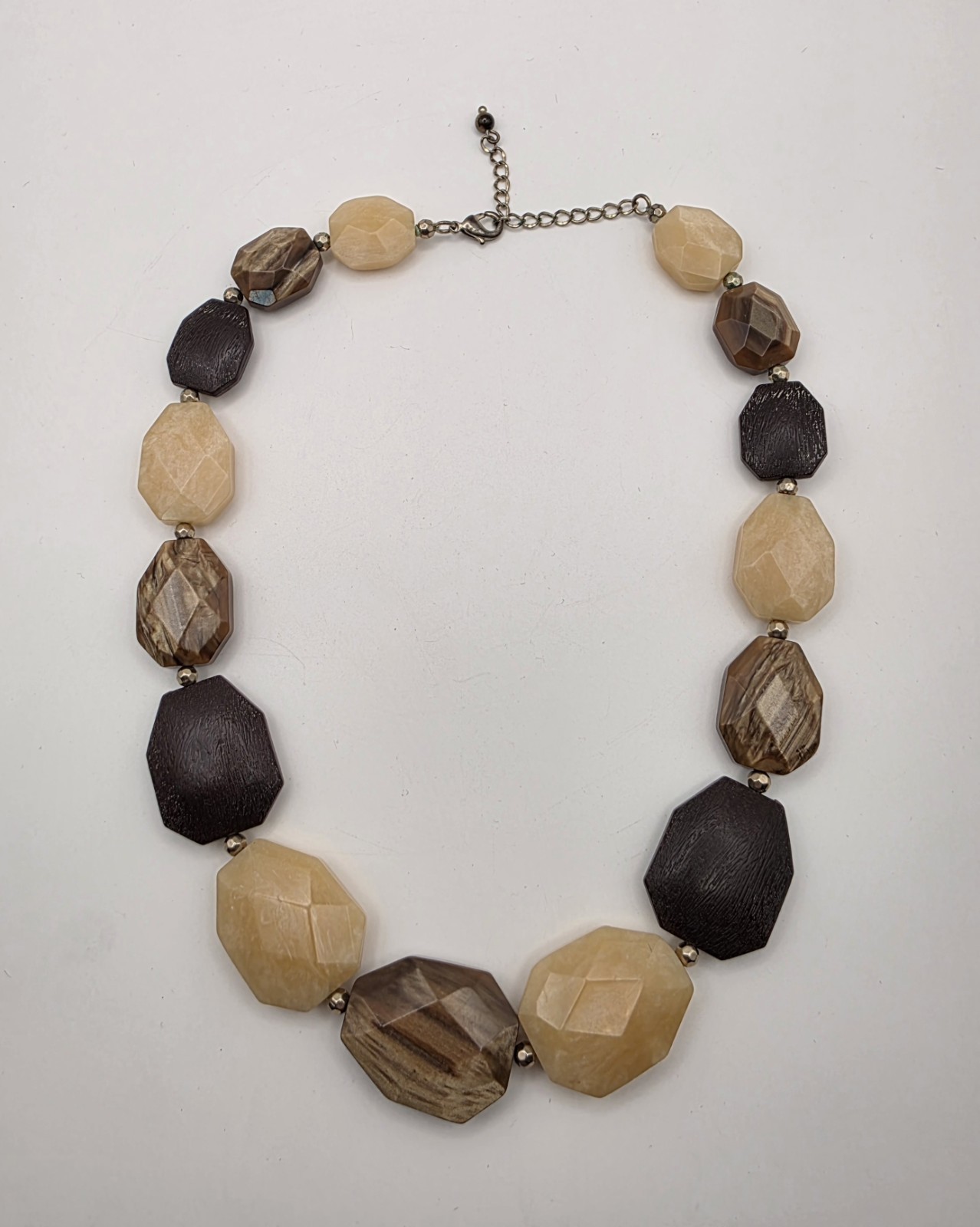 Faceted Acrylic Beaded Necklace Brown Beige Chunky Lobster Clasp Pre-owned