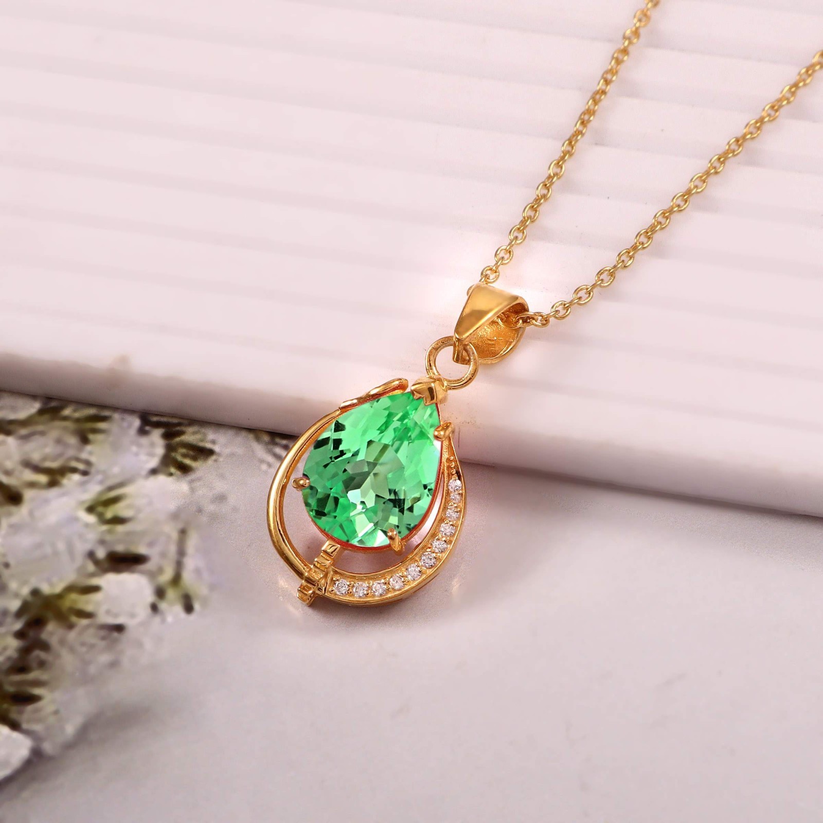 925 Silver Green Sapphire Pendant 10K Gold Plated Pear 13×10 Anniversary Gift