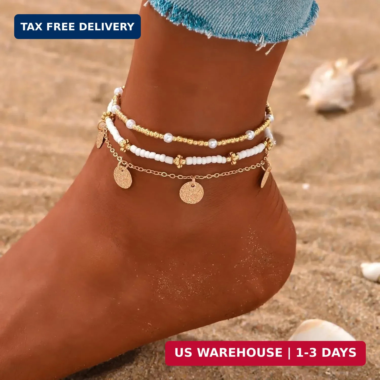 Qceasiy Shell Ankle Bracelet Set for Women, Gold Plated Boho Bead Adjustable Ank