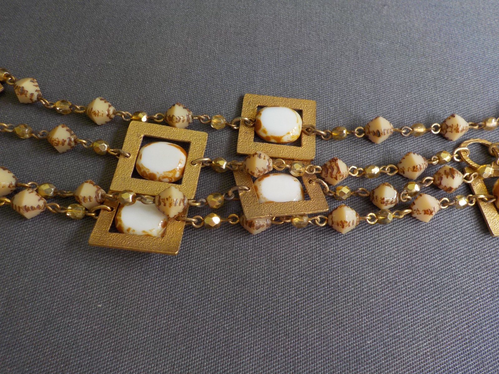 Seasonal Whispers Square Necklace Gold Tone Metal Glass Plastic Bead Linked
