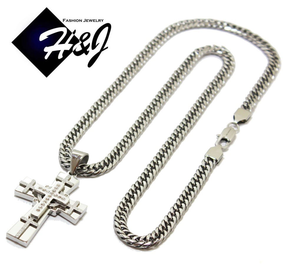 24″MEN Stainless Steel 6mm Silver Miami Cuban Curb Chain Icy CZ Cross Pendant*SN