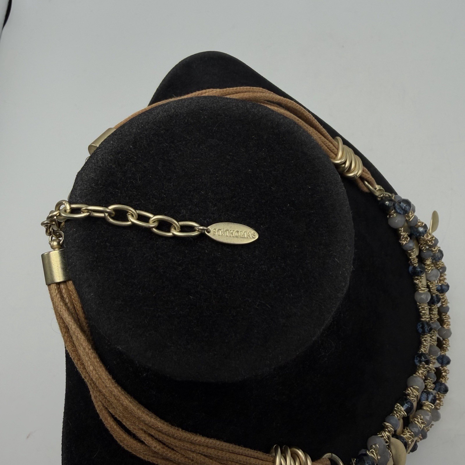 Statement Necklace Gold Tone Disc Brown Cord Gray Bead St Thomas Career Office