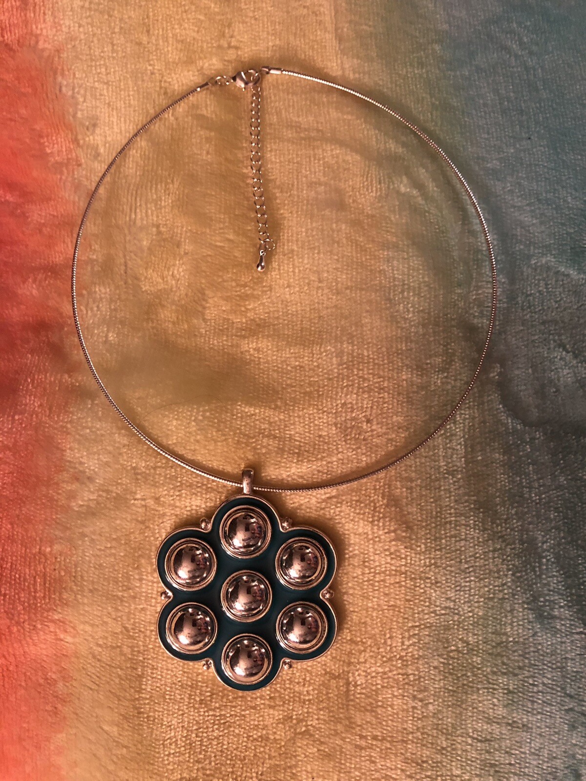 Silver Dome blue enamel Wire CHOKER Necklace – Statement Pendant