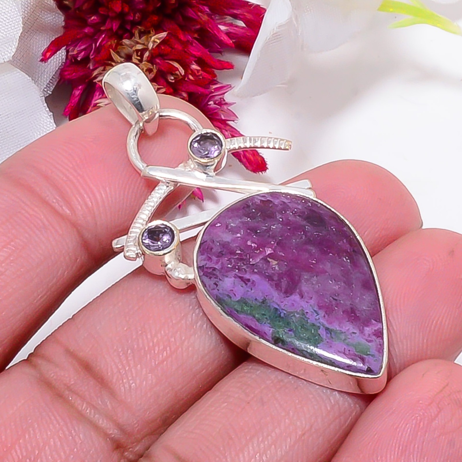 Natural Ruby With Zoisite & Purple Amethyst 925 Sterling Silver Pendant 2.03″ S4