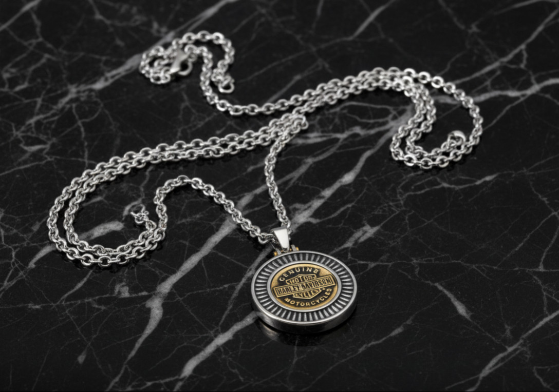 Harley-Davidson® Gold Toned Steel B&S Logo Medallion Style Necklace 130 HSN0050