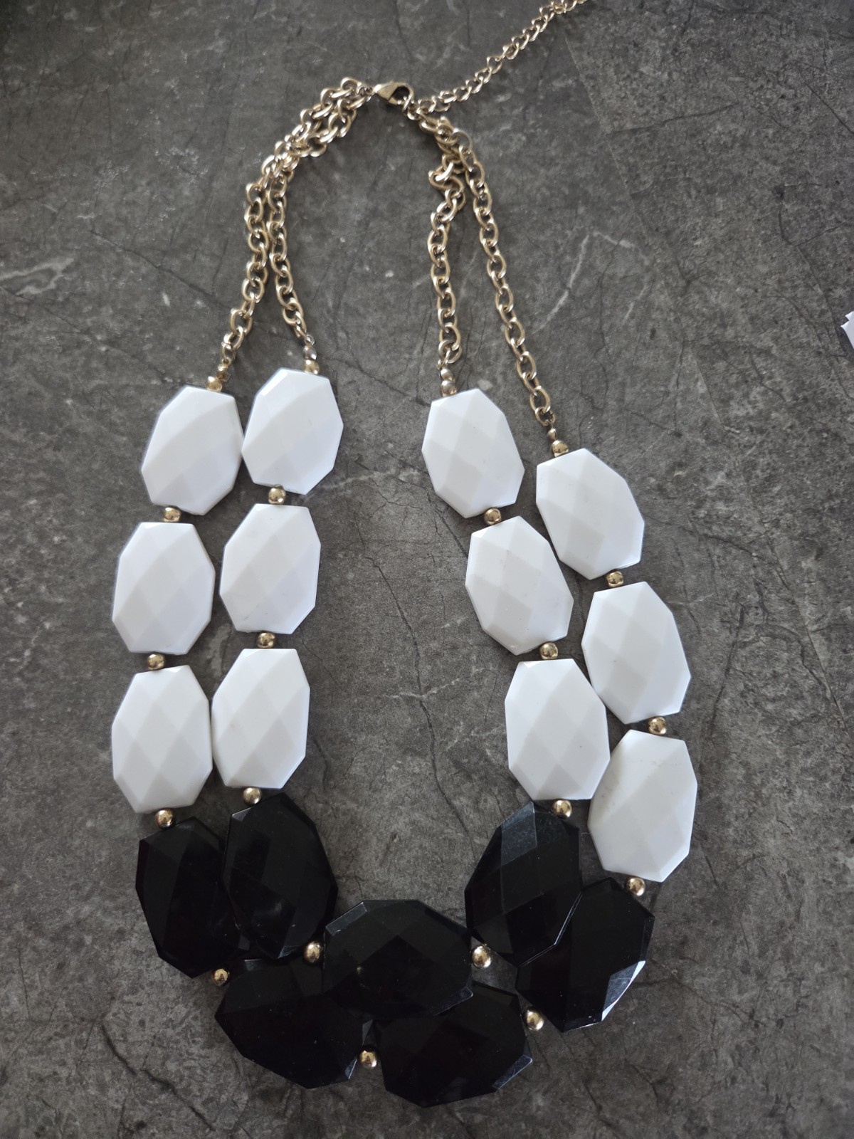 Bohemian Statement Necklace Chunky Black and White Faceted Lucite Beads 20″ +