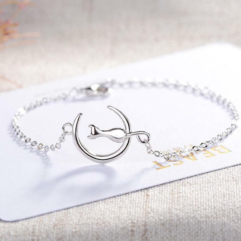 Silver Kitten Cat & Moon Women‘s Charm Bangle Chain Bracelet