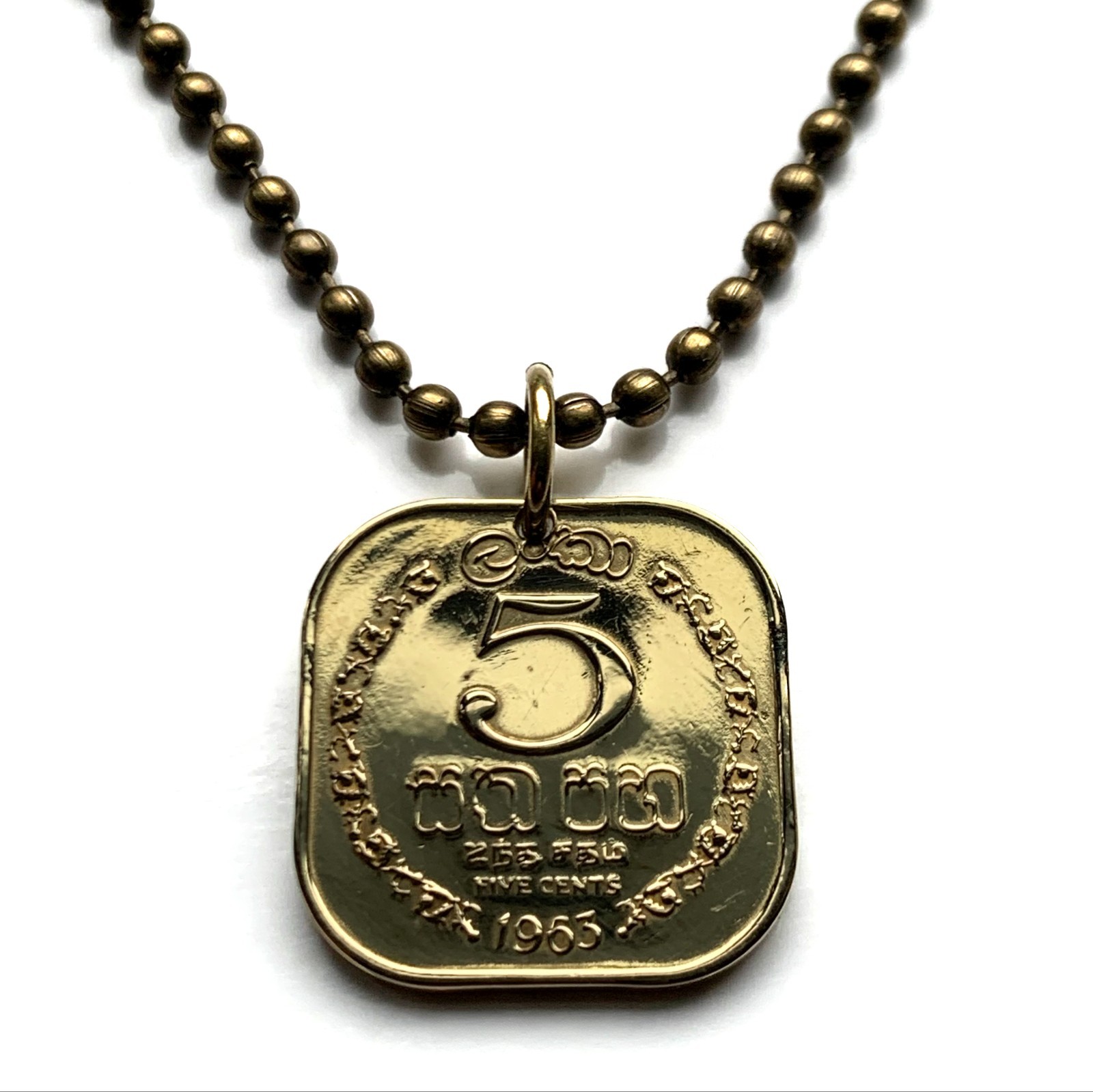 1963 Ceylon Sri Lanka 5 Ct coin pendant golden lion kastane sword Colombo 000307