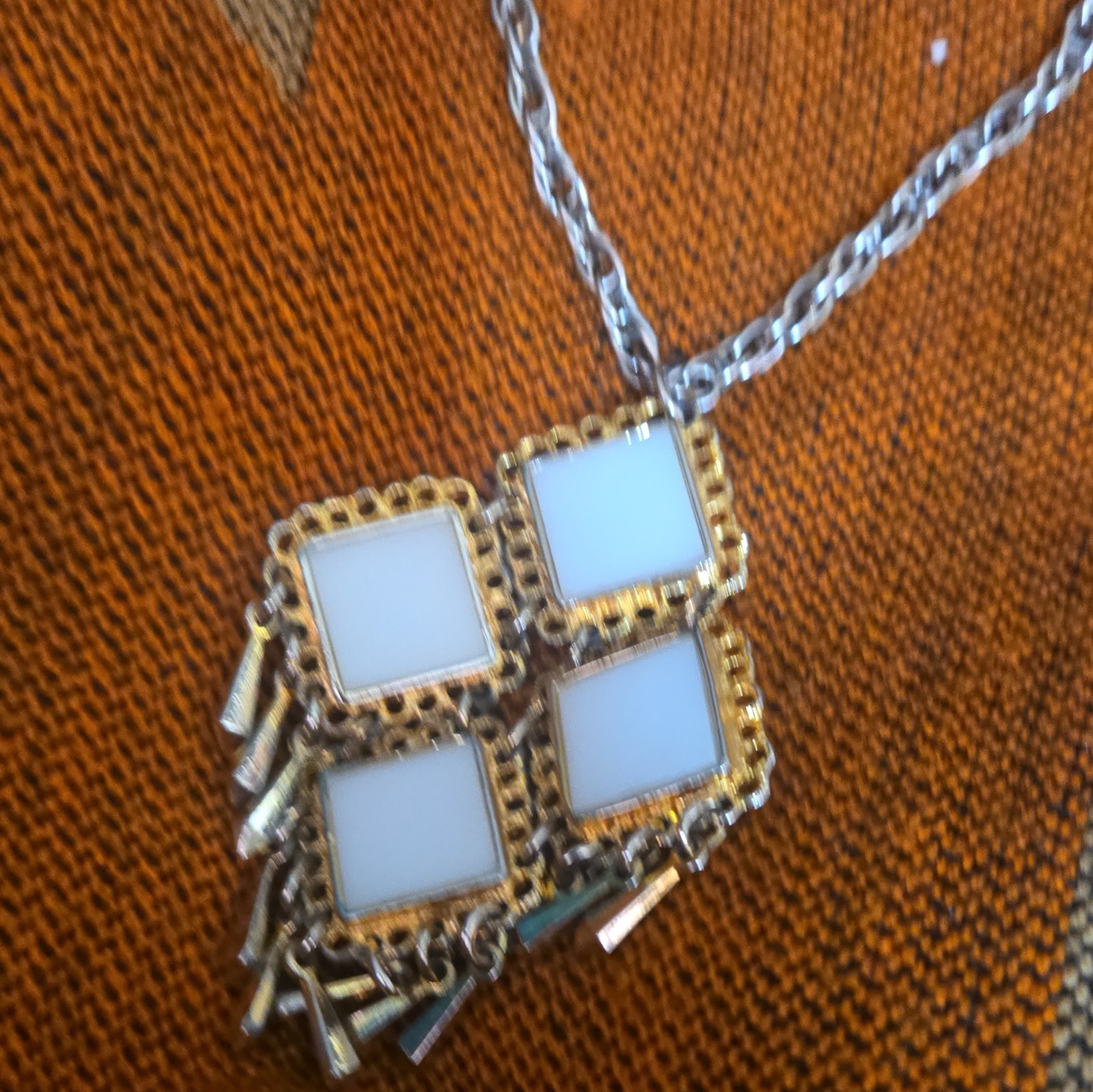 Silver & Gold Tone Cable Chain Necklace Square Charm Pendant Dangles Spring