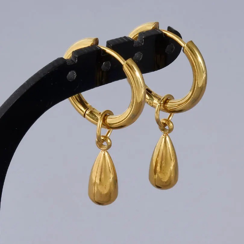 18K Gold Plated Teardrop Huggie Hoop Earrings Dangle Drop Stainless Steel Women