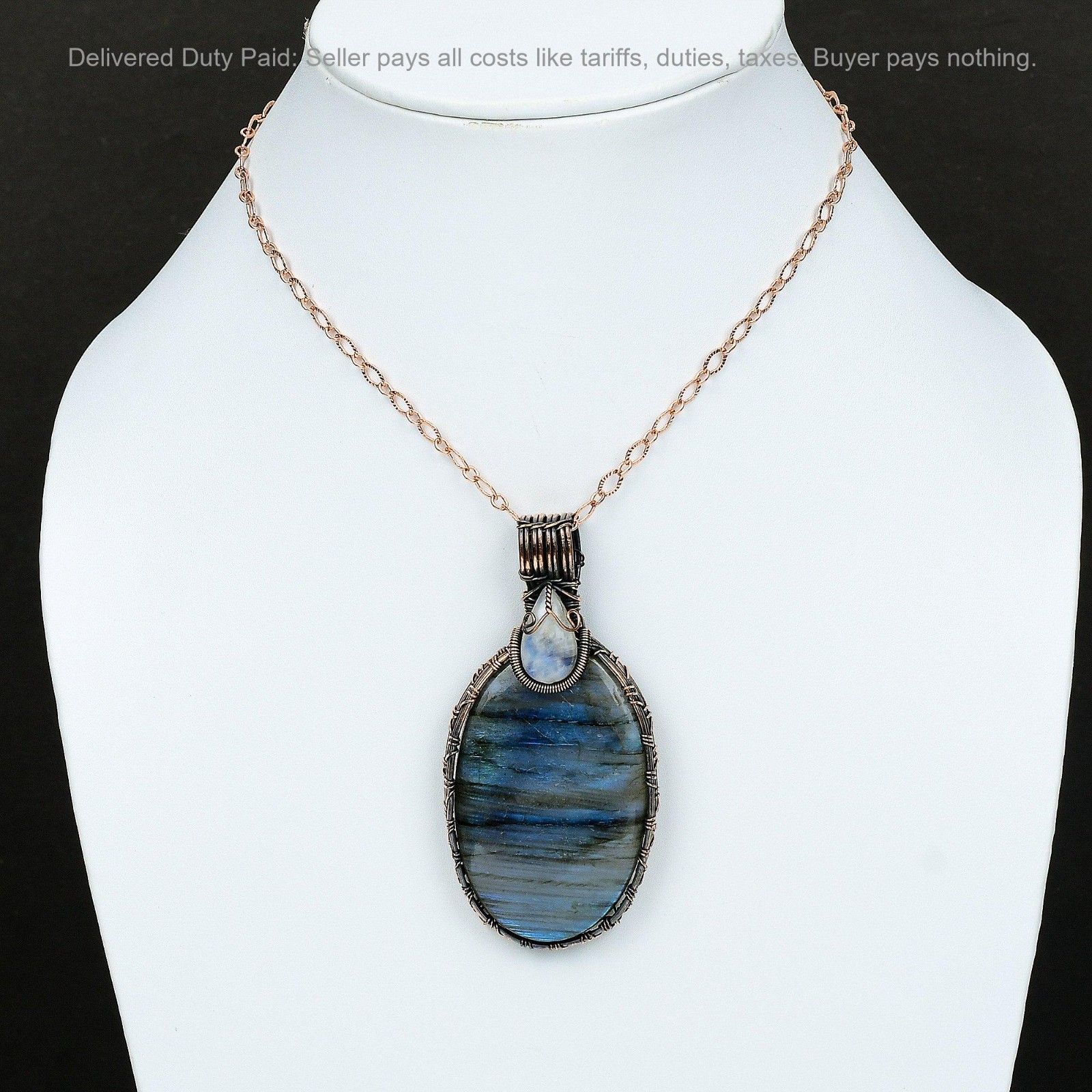 Labradorite Gemstone Rainbow Moonstone Copper Wire Wrapped Boho Pendant Jewelry