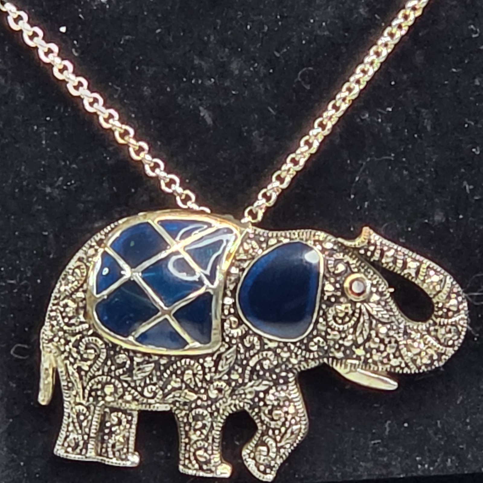 Silver Tone Elephant Charm Pendant Necklace, Blue Inlay Cable Chain, Lobster