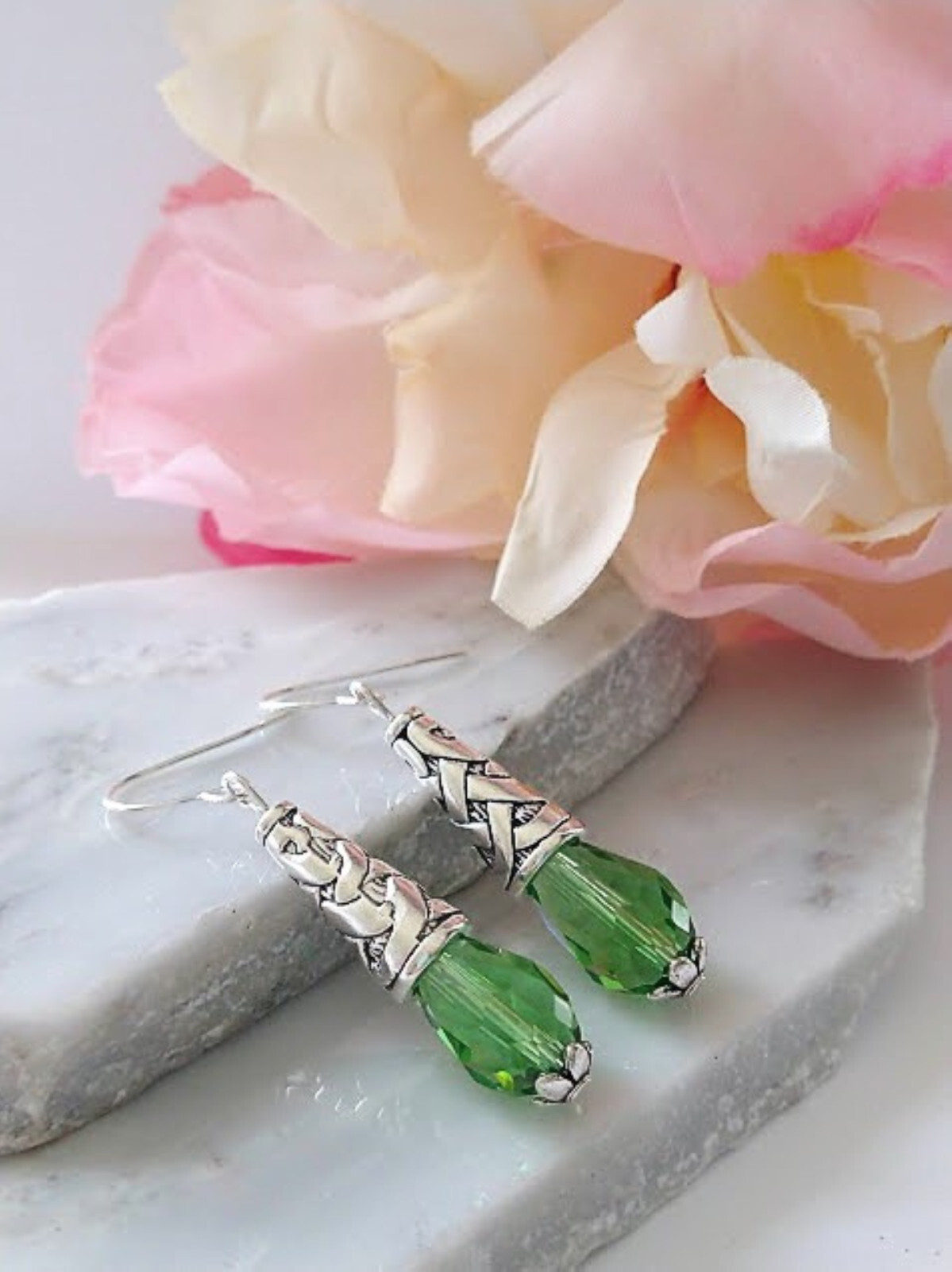 Light Peridot Green Teardrop Crystal Earrings, Ladies Dangle Fashion Earrings